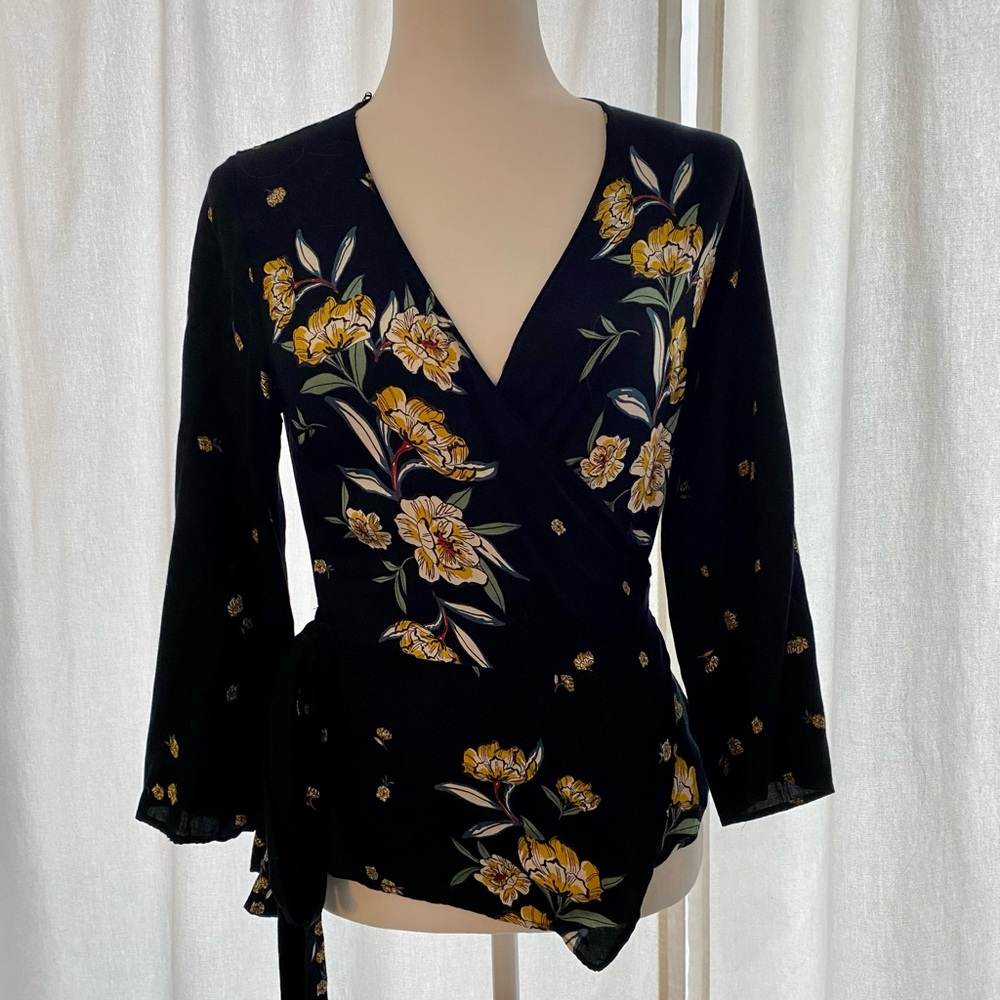 Zara Black Floral Wrap Top Size M